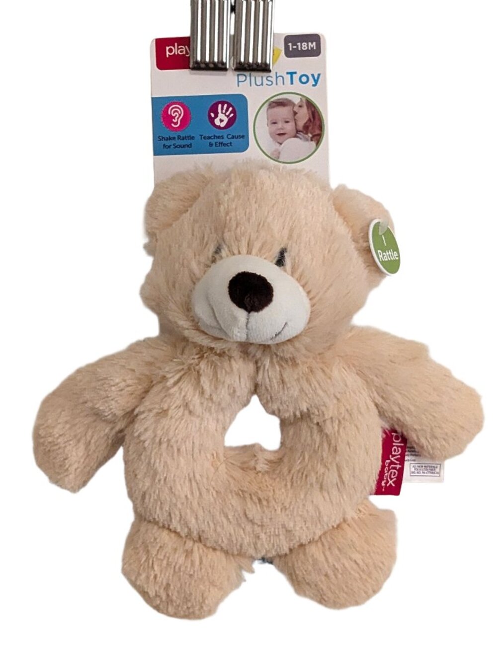 NWT Playtex Teddy Bear Soft Rattle 1-18M Learning Sensory Toy Gift Unisex Baby